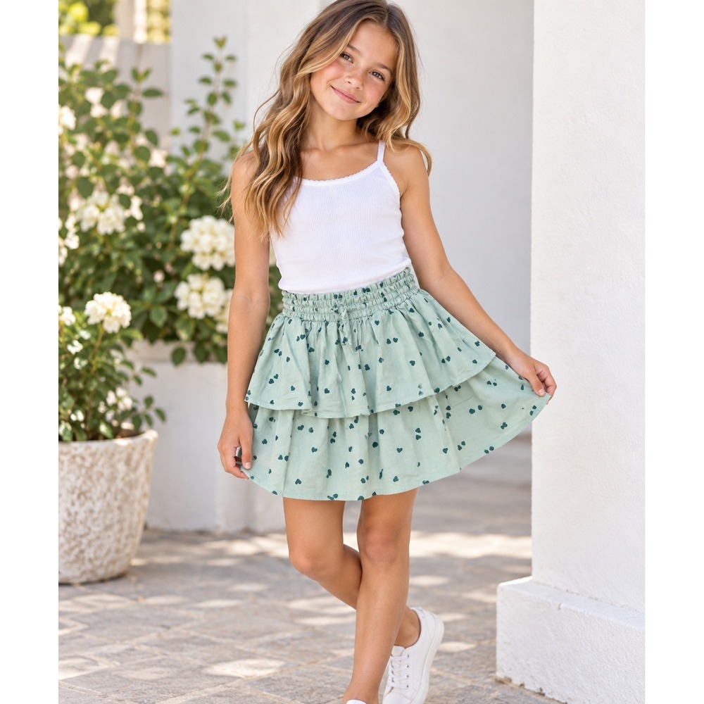 Cat & Jack Girls Heart Print Tiered Ruffle Skirt Sage Green Cotton Size L 10/12